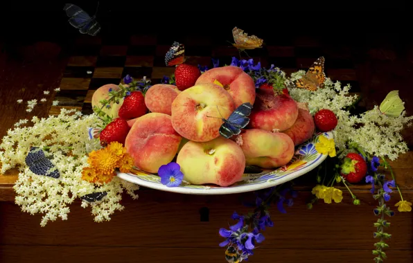 Butterfly, flowers, strawberry, fruit, black background, still life, peaches