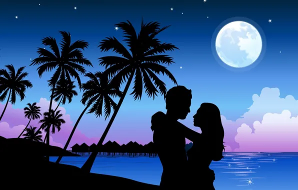 Love, the moon, Palm trees, pair