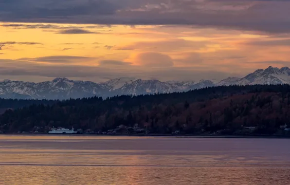 Forest, river, trees, sunset, water, mountains, clouds, lake