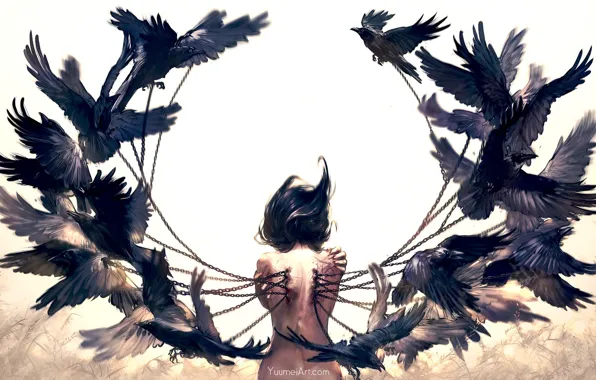 Picture girl, birds, blood, back, wings, anime, art, chain