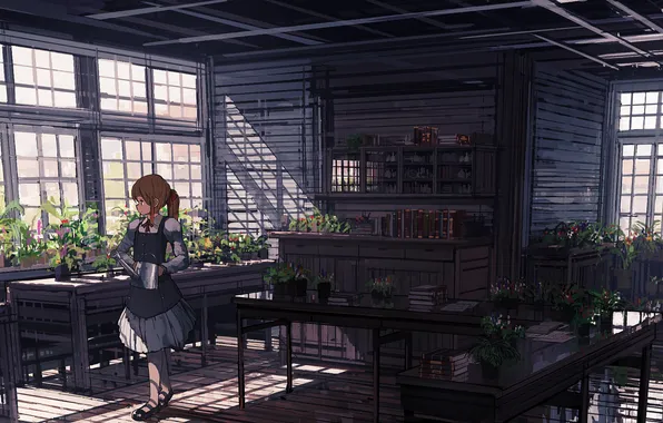 Picture girl, flowers, room, Windows, anime, art, tables, lake