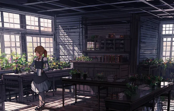 Girl, flowers, room, Windows, anime, art, tables, lake