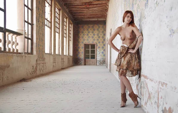 Look, girl, wall, Windows, dress, the door, red, boots