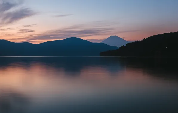 Picture clouds, sunset, reflection, hills, Japan, mirror, mount Fuji, Hakone
