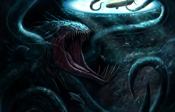 Picture boat, shark, tentacles, monster, under water, kraken, Blue Hole, sea monster