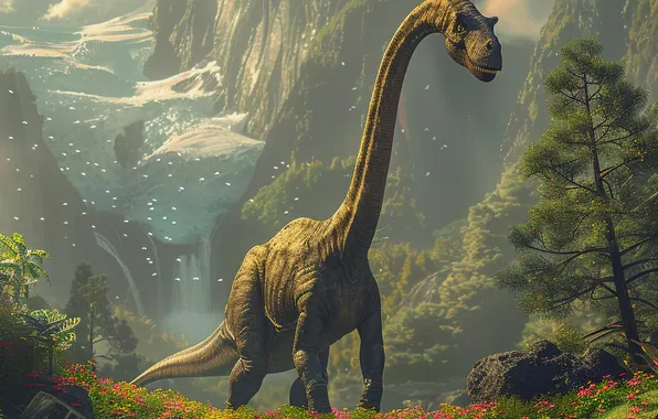 Flowers, Mountains, Trees, Dinosaur, Neck, Animal, Digital art, Ancient animals