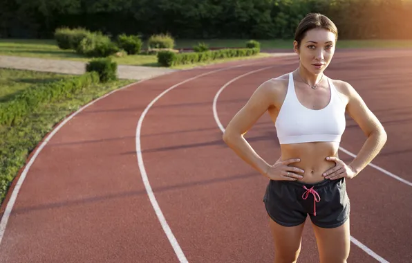 Picture woman, front, view, track, running, fit