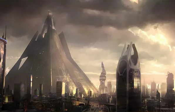The city, fiction, planet, art, pyramid, StarCraft, korhal, korhal