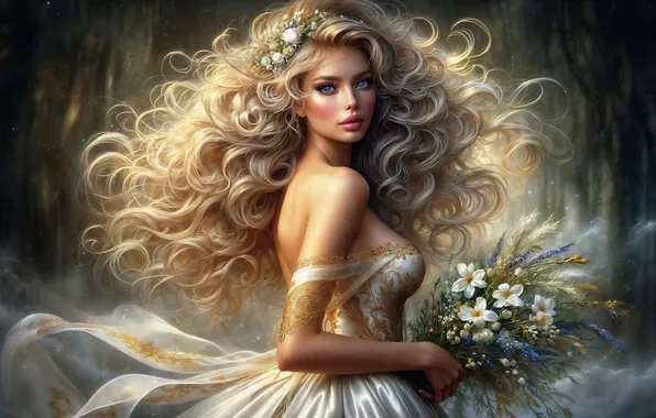 Chest, girl, flowers, bouquet, blonde, neckline, white dress, Princess