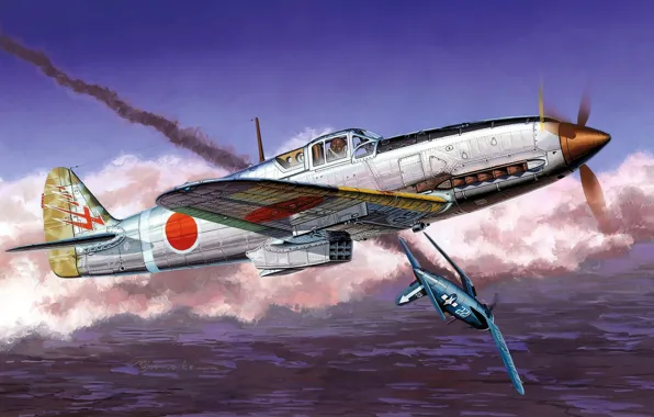 Picture war, art, airplane, painting, aviation, ww2, japanese airplane, Kawasaki Ki-61 Hien