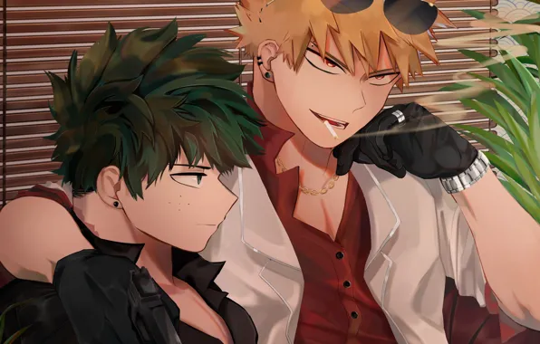 Art, glasses, guys, two, My Hero Academia, Boku No Hero Academy, Midori Isuku, Bakugou Katsuki