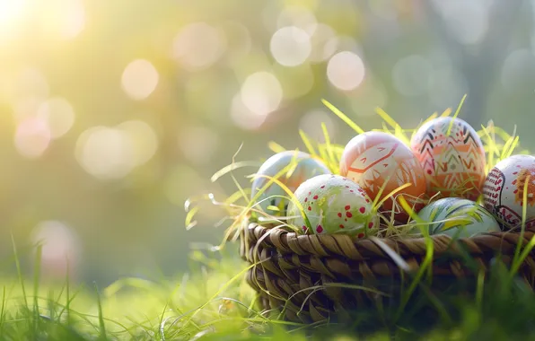 Holiday, eggs, spring, Easter, basket, painted, eggs, AI art