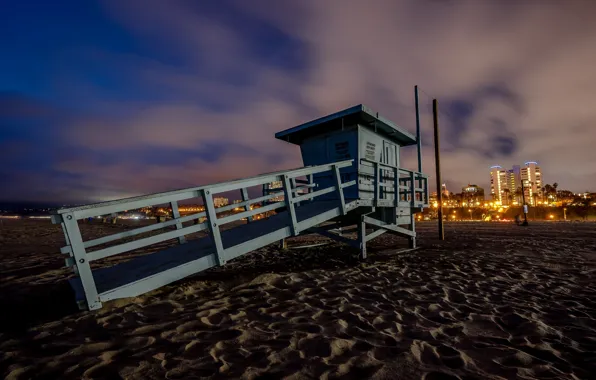 Beach, night, lights, CA, USA, rescuers, Santa Monica