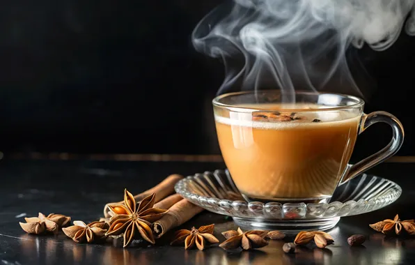 Picture star, cup, tea, cinnamon, anise, steaming, chai