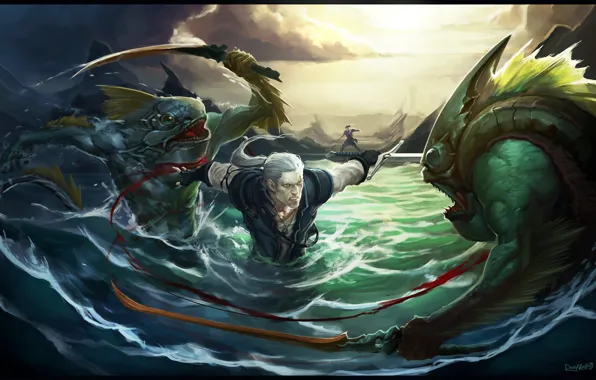 The witcher, the Witcher, rpg, Geralt, water, Buttercup, cd Projekt red, Rybolov
