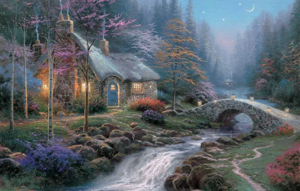River, trees, bridge, brook, flowers, stars, Thomas Kinkade, Twilight Cottage