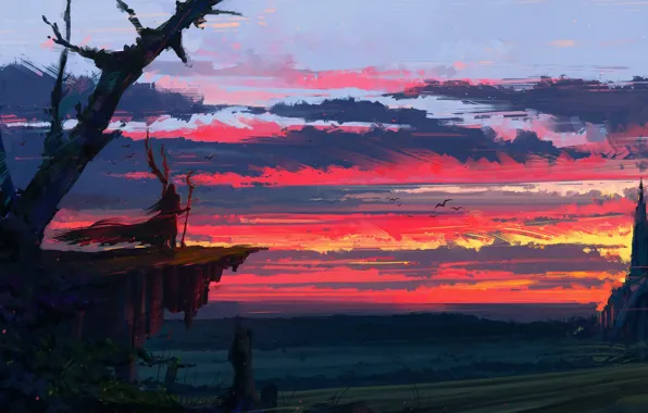 Fantasy, twilight, sky, landscape, sunset, clouds, painting, castle