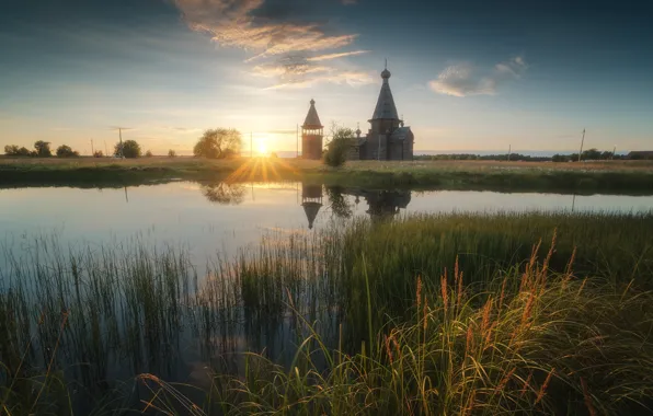 Picture grass, the sun, rays, landscape, sunset, nature, lake, Church