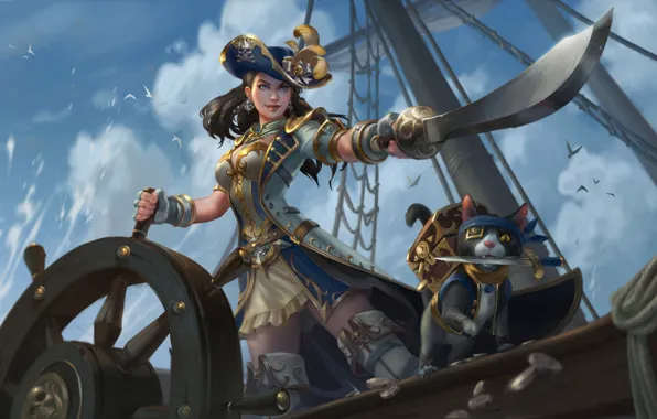 Girl, Cat, Ship, Girl, Day, Pirate, Red, Art