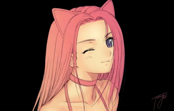 Girl, face, black background, ears, art, wink, red hair, tony taka