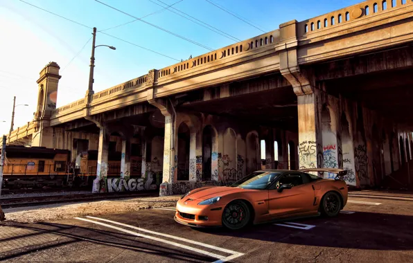 Orange, bridge, graffiti, train, Z06, Corvette, Chevrolet, Chevrolet