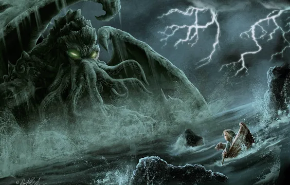 Sea, boat, monster, dog, Cthulhu, tentacles, girl, cthulhu