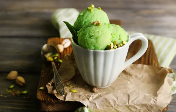Spoon, ice cream, Cup, nuts, balls, dessert, wood, napkin