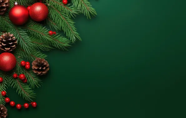 Balls, branches, Christmas, red, New year, needles, bumps, green background