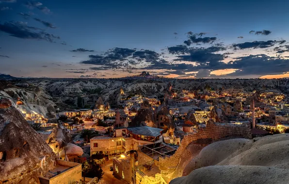 The sky, mountains, lights, rocks, home, the evening, Turkey, Cappadocia