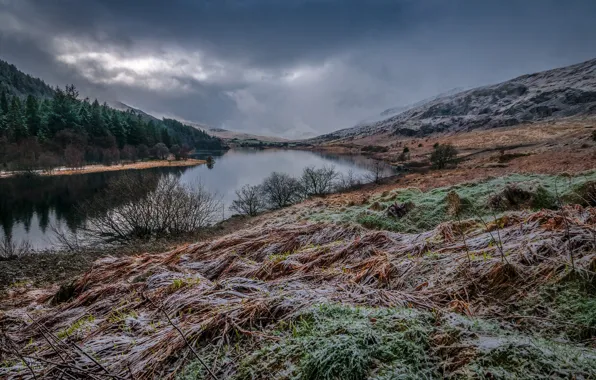 Frost, trees, mountains, lake, Wales, Llynnau Mymbyr