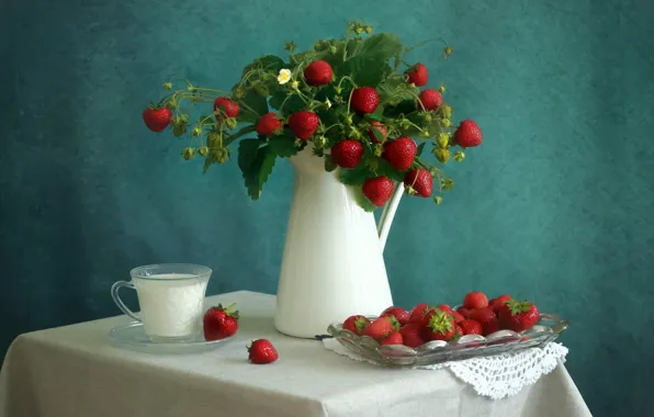 Picture mug, table, Cup, bouquet, milk, berries, still life, pitcher