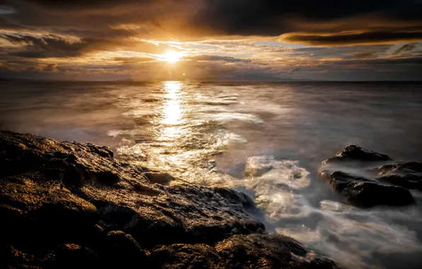 Beach, sky, sea, sunset, seascape, rocks, shore, nature landscape