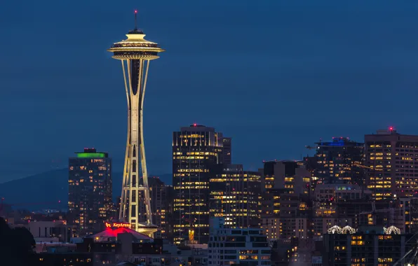 USA, Space Needle, United States, evening, Washington, cityscape, Seattle, United States of America
