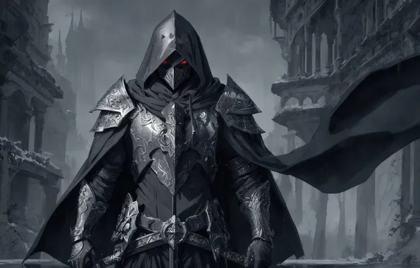 Ruins, The dark knight, Hood, Armor, digital art, AI art, art work Razor127, Rain and …