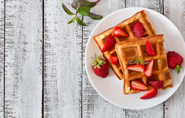 Berries, Board, strawberry, plate, mint, waffles