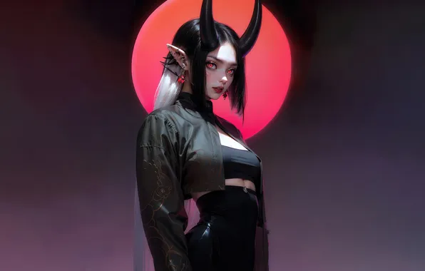 Girl, Horn, Black Background, Anime Girl, AI Art, AI Generated