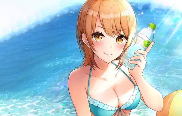 Girl, sexy, cleavage, beach, sea, boobs, anime, beautiful