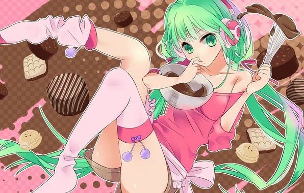 Girl, chocolate, art, candy, sweets, hatsune miku, Vocaloid, cakes