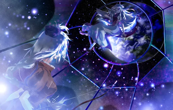 The sky, girl, space, stars, earth, planet, art, touhou