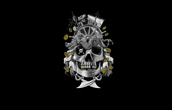 Picture gold, ship, skull, skeleton, pirates, swords