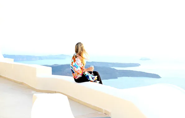 Sea, girl, hair, glass, view, Santorini, shawl