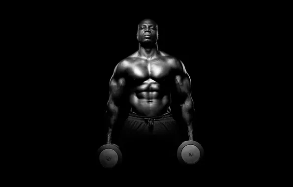 Figure, muscle, muscle, background black, press, pose, dumbbells, bodybuilder