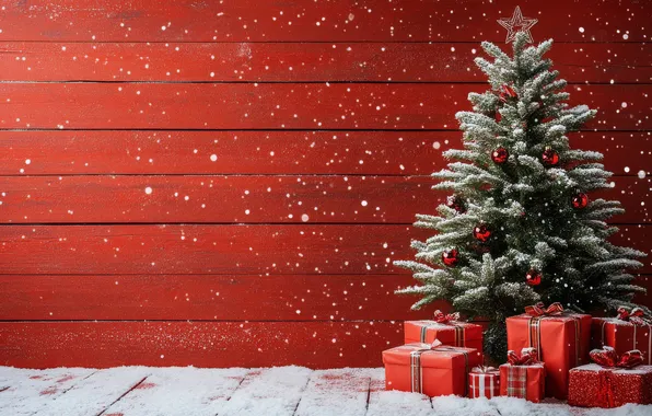 Christmas, gifts, New year, herringbone, snowfall, red background, AI art, neural network