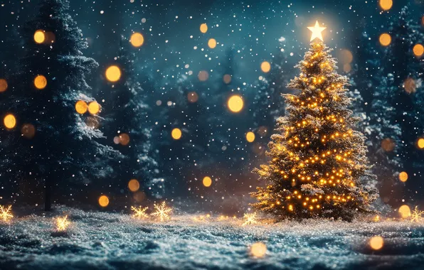 Winter, forest, light, snow, snowflakes, night, lights, lights