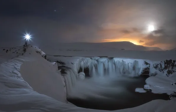 Winter, light, snow, night, shore, people, waterfall, ice
