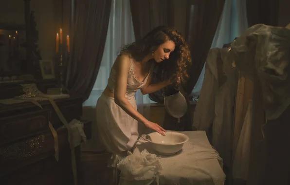 Girl, model, dishes, curtains, pitcher, candle, curly, Tatyana Shepeleva