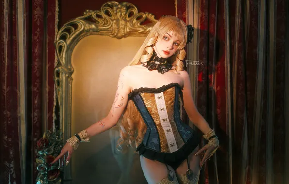 Linen, chair, blonde, outfit, image, corset, curtains, the throne