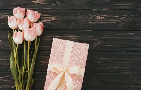 Flowers, gift, bouquet, tulips, pink, wood, pink, flowers