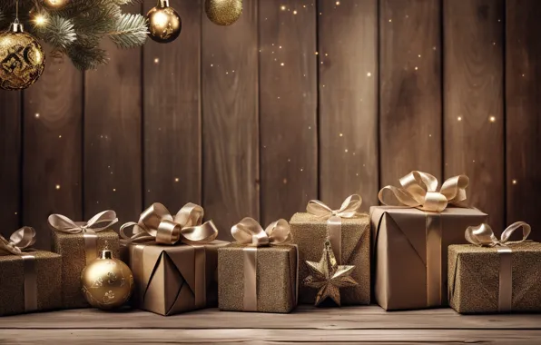 Decoration, balls, New Year, Christmas, gifts, golden, new year, Christmas