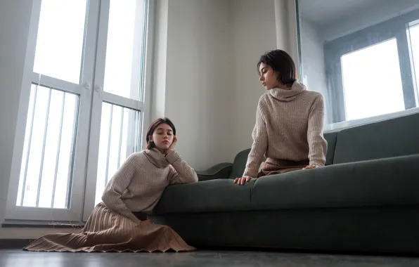 Picture two, skirt, makeup, sponge, on the couch, sweater, Juliana Naidenova